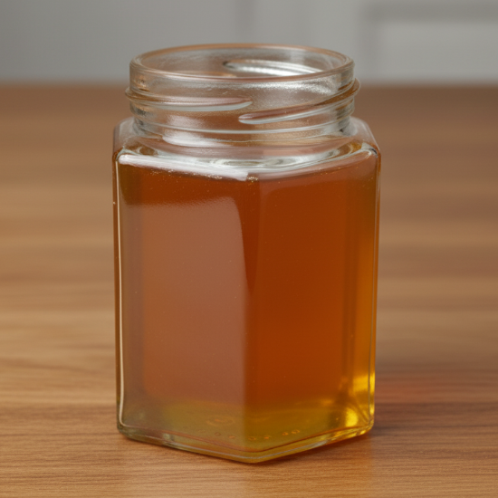 Jar of honey on a wooden surface