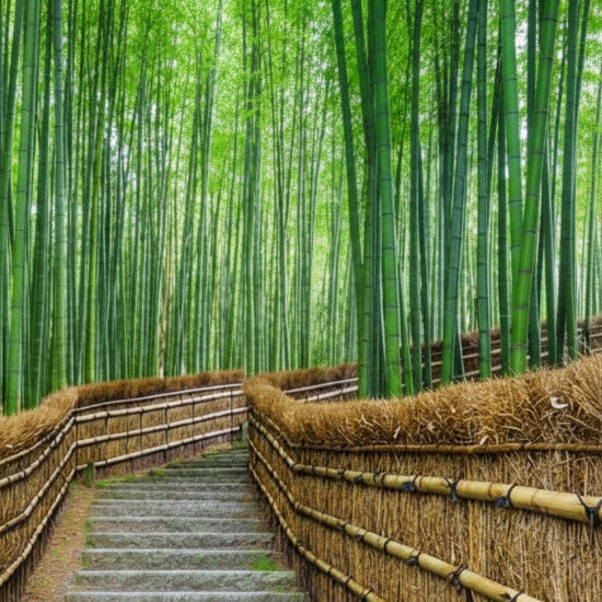 Pathway through a bamboo forest with a thatched roof walkway.