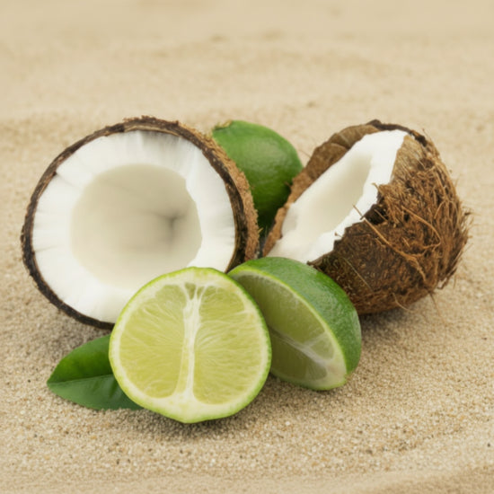 Coconut halves and limes on a sandy background