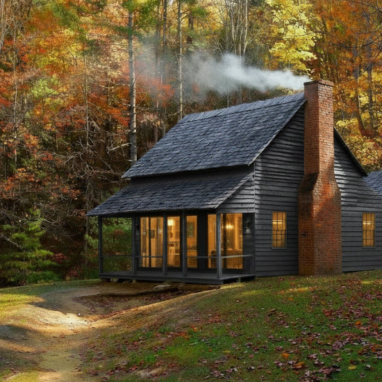 Log cabin in a forest with autumn foliage