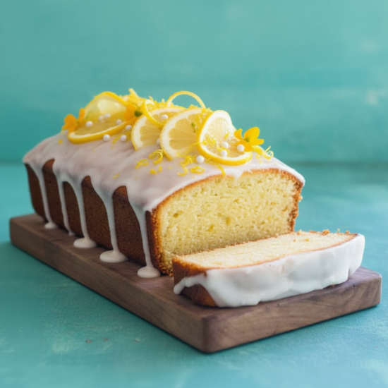 Loaf cake with white frosting and raspberries on a wooden board against a teal background