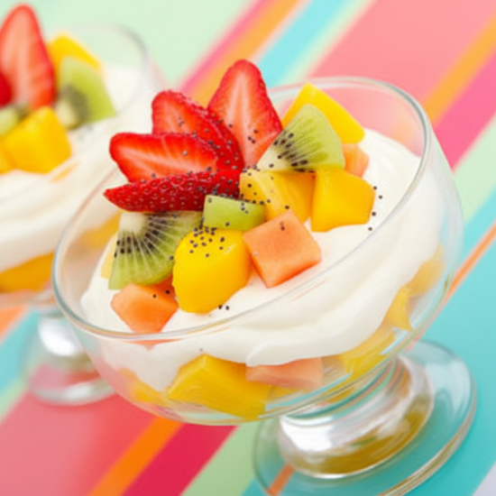 Two dessert cups filled with fruit salad on a colorful striped background
