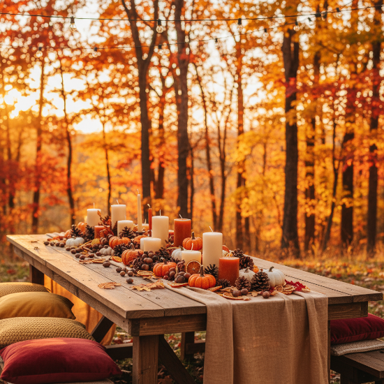 Decorated wooden table with candles and fall-themed decorations against a backdrop of autumn trees.