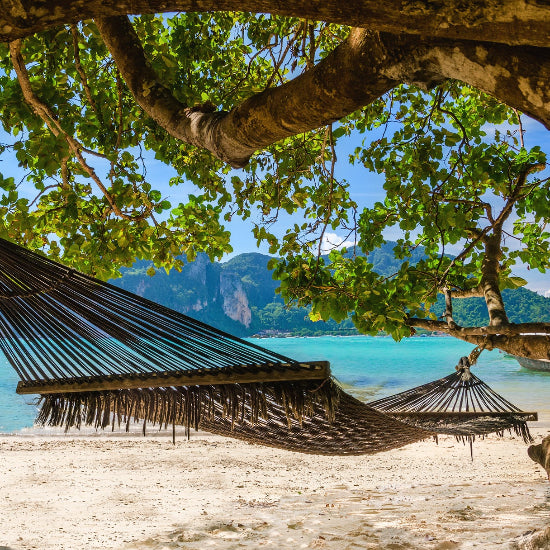 Hammock hanging between two trees on a tropical beach with clear blue water and mountains in the background.