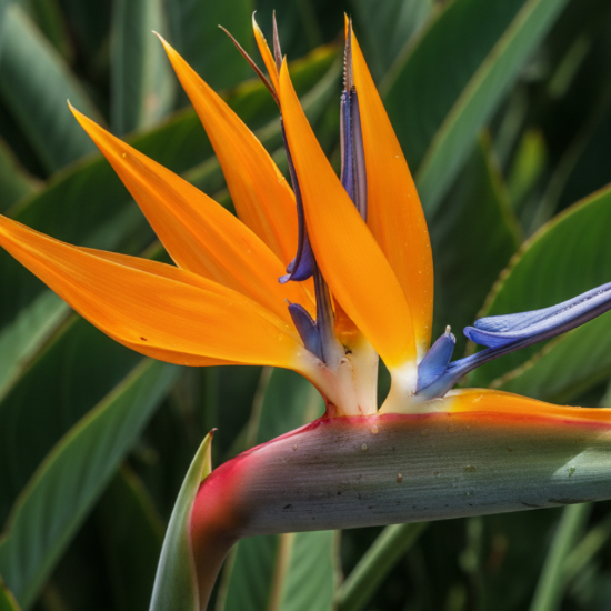 Close-up of a vibrant bird of paradise flower with green leaves in the background