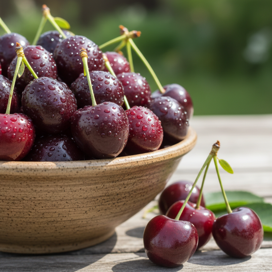 bowlful of juicy ripe black cherries