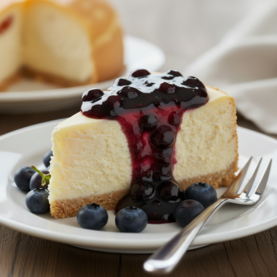 Slice of cheesecake with berry sauce on a plate with blueberries and a fork.