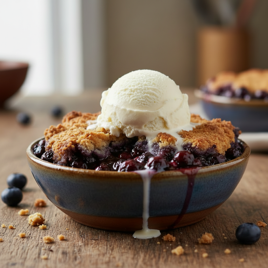 bowlful of blueberry cobbler with ice cream