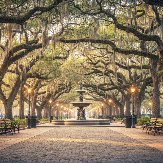 a park in new orleans with fountain and moss covered trees