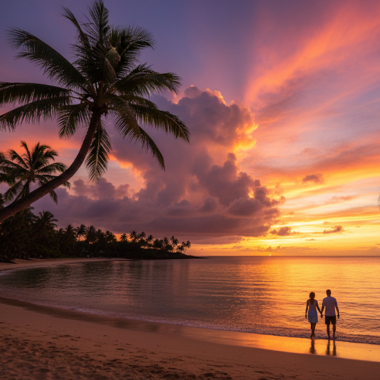 Sunset over a beach with palm trees