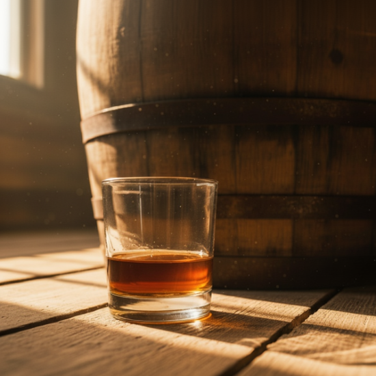 a full sized bourbon barrel with a glass of bourbon. close crop on the bourbon glass.