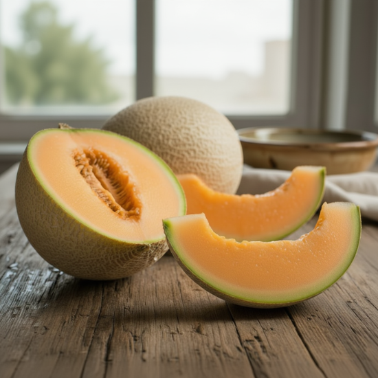 Melon cut in half and sliced on a wooden table with a window in the background