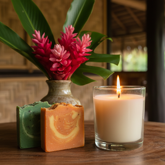Candle, soap, and vase with flowers on a wooden surface