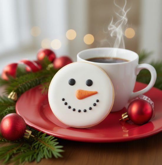 Snowman face cookie on a red plate with a cup of coffee and Christmas decorations.