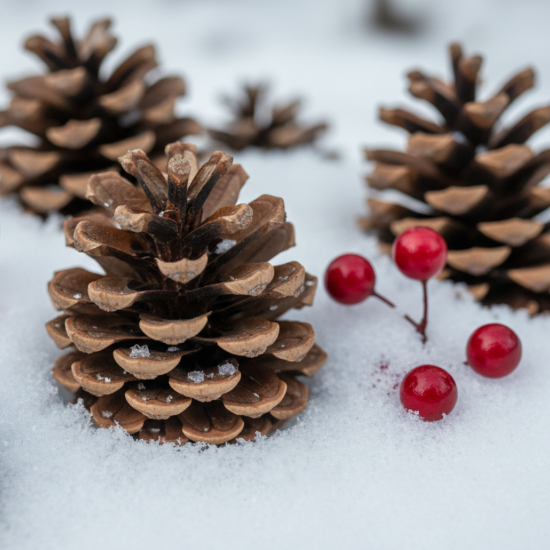 close up of pinecones in the snow. with little red berries scattered