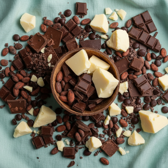 Assorted chocolate pieces including dark, white, and milk chocolate on a teal fabric background.