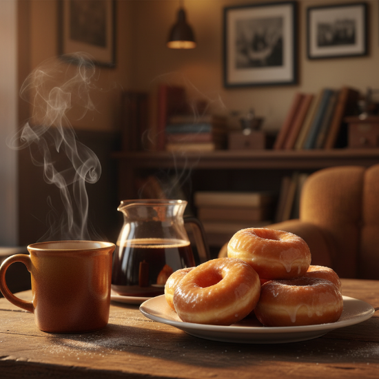 coffee and glazed doughnuts on a table in a coffee shop. Cozy, nostalgic, and deliciously inviting