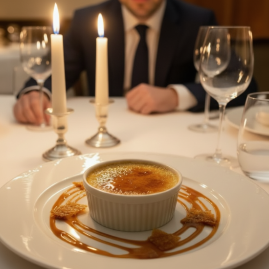 Indulgent, rich, and decadent caramel creme brûlée. setting is a candlelit dinner at a fine restaurant