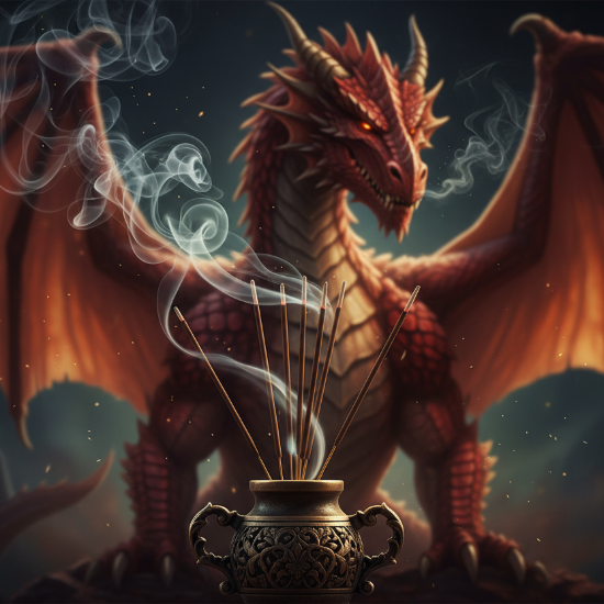 photo quality fantasy scene showing burning incense and a red dragon