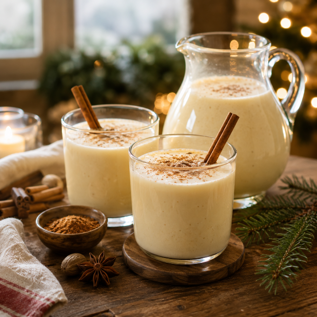 Three glasses of creamy holiday drink with cinnamon sticks and cocoa powder garnish, alongside a matching glass pitcher, set on a rustic wooden table with cinnamon sticks, star anise, evergreen branches, and warm holiday lights in the background.