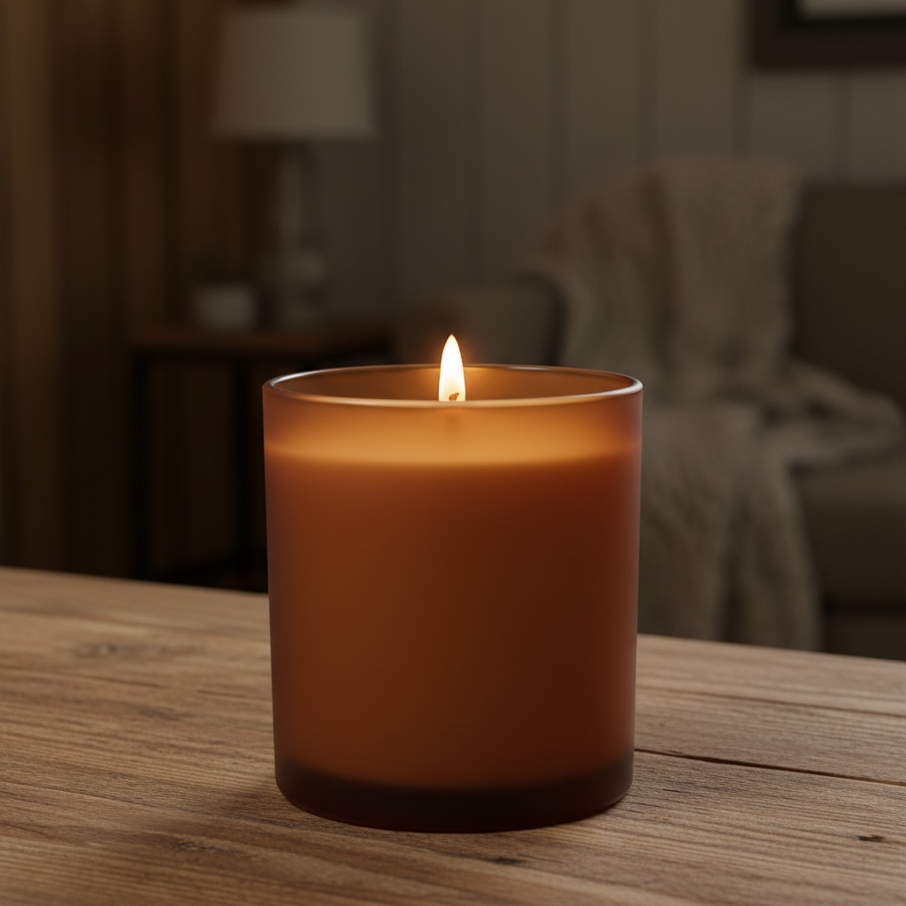 Candle burning on a wooden table with a blurred background