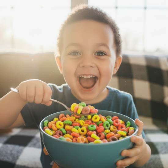 Child holding a bowl of colorful cereal indoors