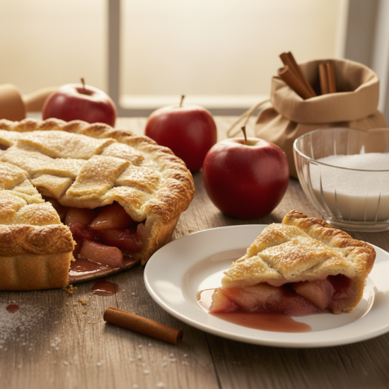 Apple pie with a slice on a plate, surrounded by apples and cinnamon sticks on a wooden table.