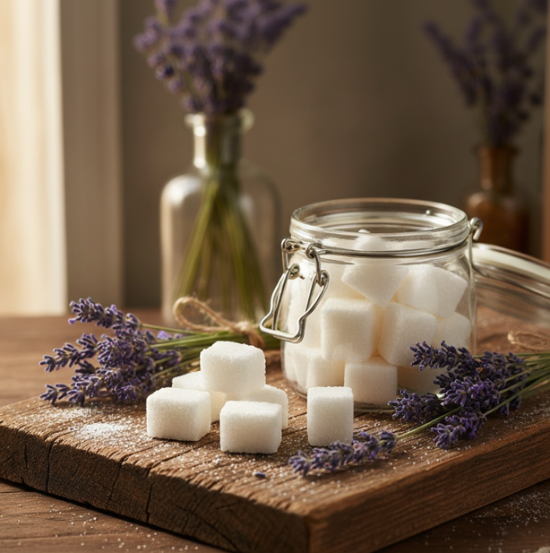 Sugar cubes on a wooden board with lavender flowers and a glass jar in the background.