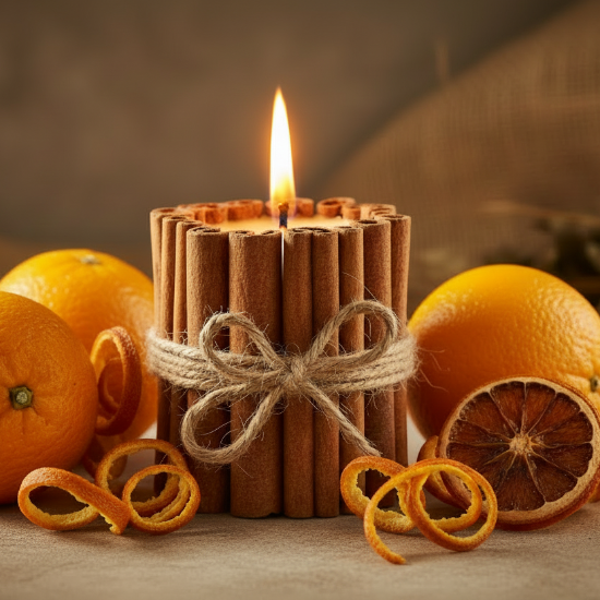 a candle made from cinnamon sticks surrounded by oranges