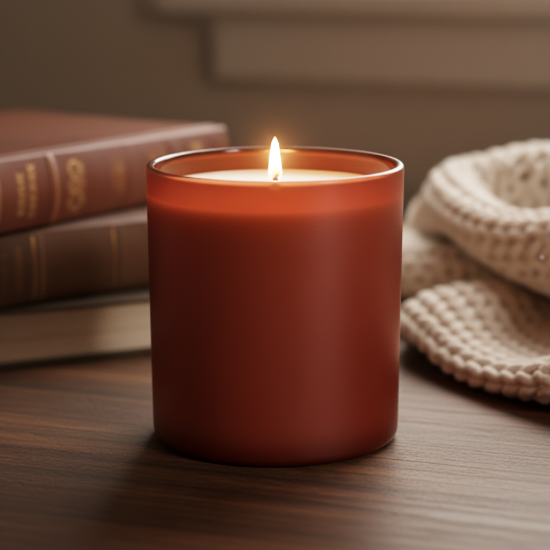Candle burning on a wooden surface with books and a knitted item in the background