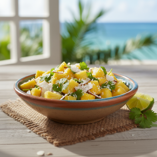 bowl of pineapple salsa. Island ripe pineapple topped with coconut shavings and chopped cilantro.