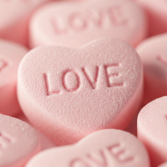 close up of pink conversation hearts that say love