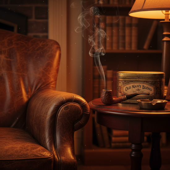 worn leather chair, with a side table holding pipe tobacco and the gentle curl of smoke from a favorite pipe. nostalgic.