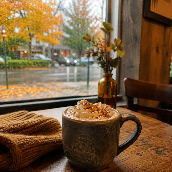Mug of pumpkin spice latte with whipped cream on a wooden table by a window with autumn view