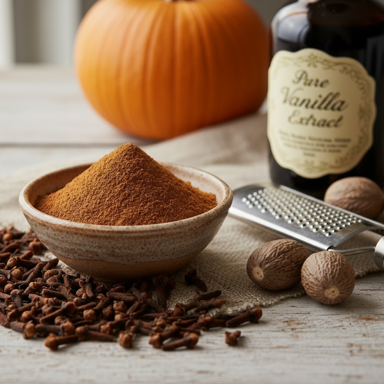 Vanilla extract bottle, bowl of vanilla powder, and spices on a wooden surface