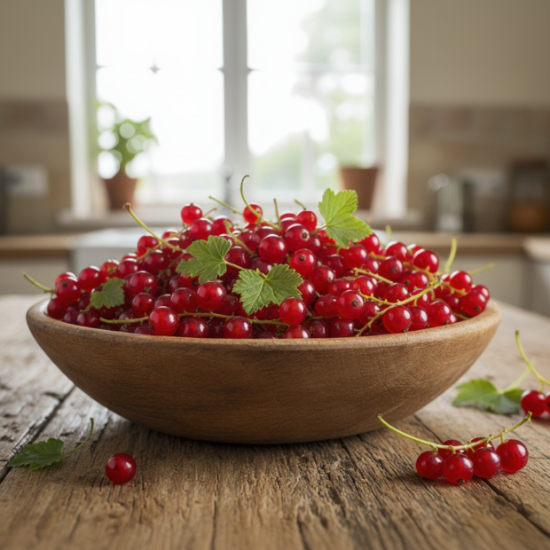 Wooden bowl filled with red currants on a wooden surface in a kitchen.