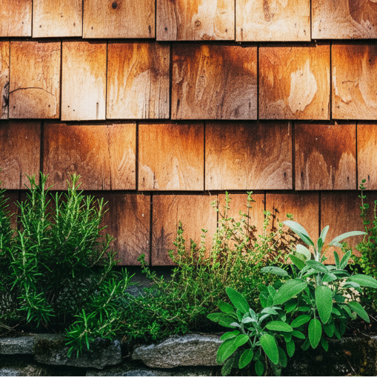 Wooden shingle wall with green plants in front