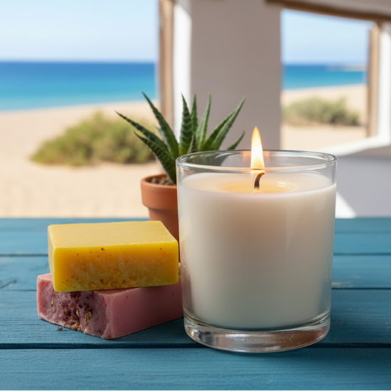 Candle, soap, and aloe vera plant on a table with a beach view in the background