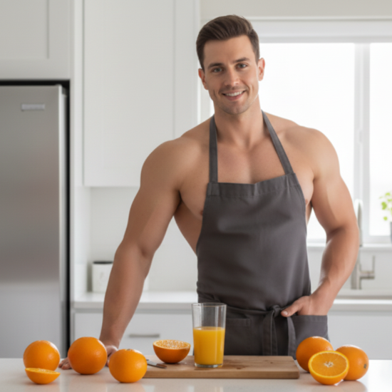 man in kitchen with oranges and juice