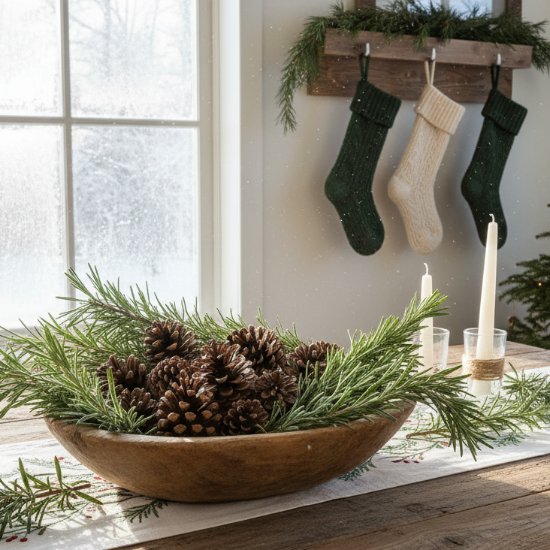 Decorative bowl with pinecones and greenery on a table, with stockings hanging in the background.