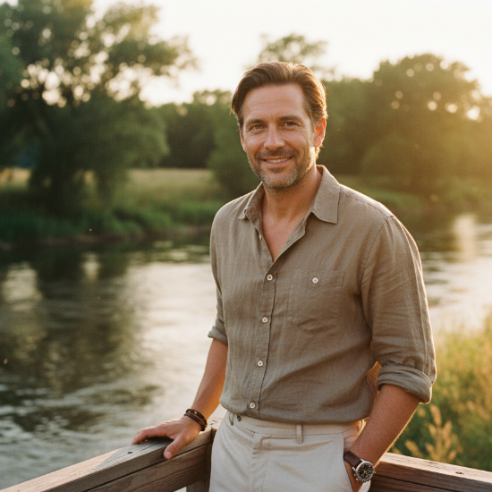 Man standing by a river with trees in the background