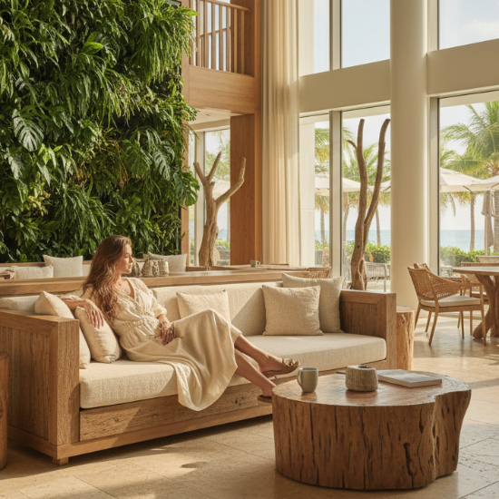 Woman sitting on a couch in a modern lounge with a large green wall and large windows.