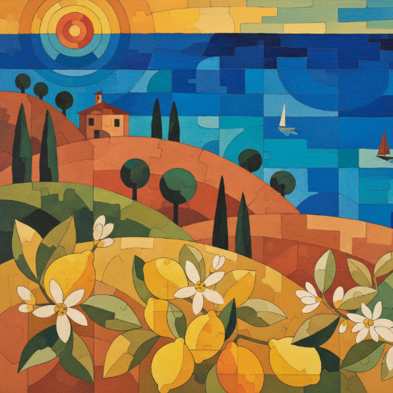 Colorful abstract landscape with hills, flowers, and a sailboat.