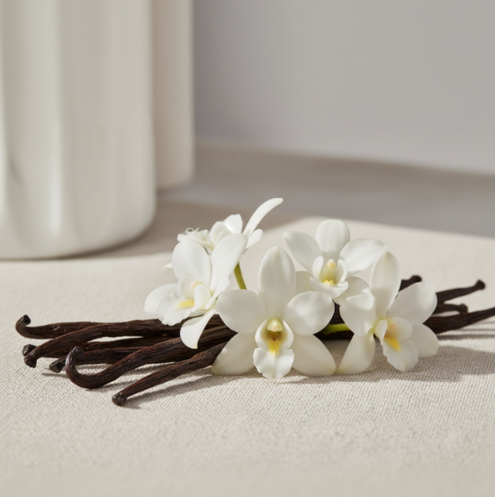 Vanilla Beans with white Vanilla planifolia flowers