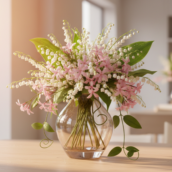 Bouquet of pink flowers in a clear vase on a table with a blurred background