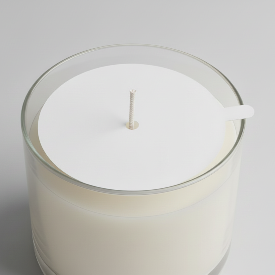 White candle in a glass jar on a light gray background