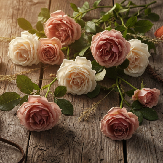 wild roses on weathered wood.