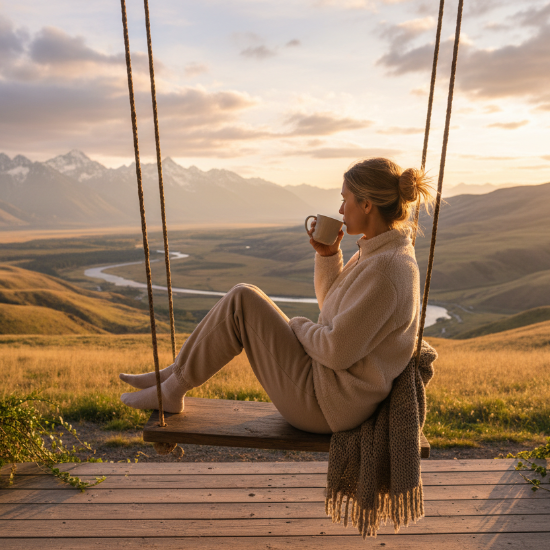 woman sitting on a porch swing with an inspiring landscape. she is facing away from the camera but you can see her profile. she is wearing a cozy fleece pullover.