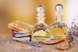 Spa image with oils in glass bottles