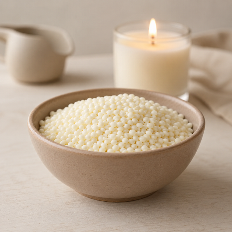 A beige ceramic bowl filled with wax beads, set on a light wooden surface with a lit cream candle and neutral home decor in the background.
